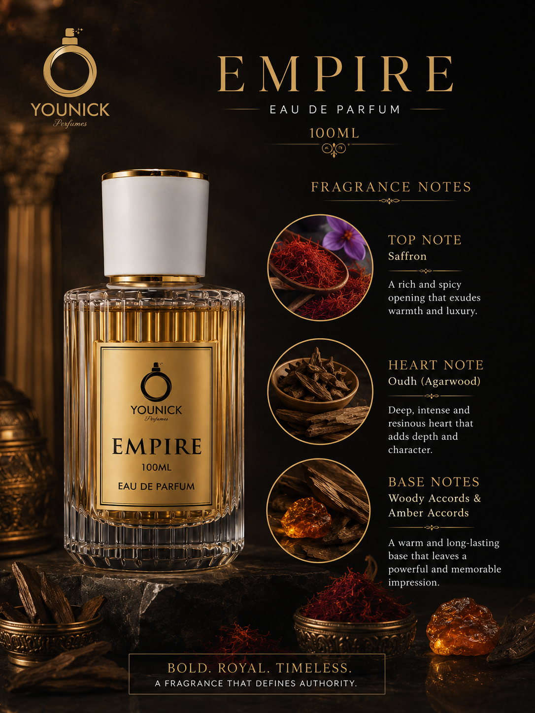 YOUNICK Empire Eau de Parfum-100ml | Premium Long-Lasting Luxury Perfume for Men | Rich Saffron, Oudh & Amber Fragrance