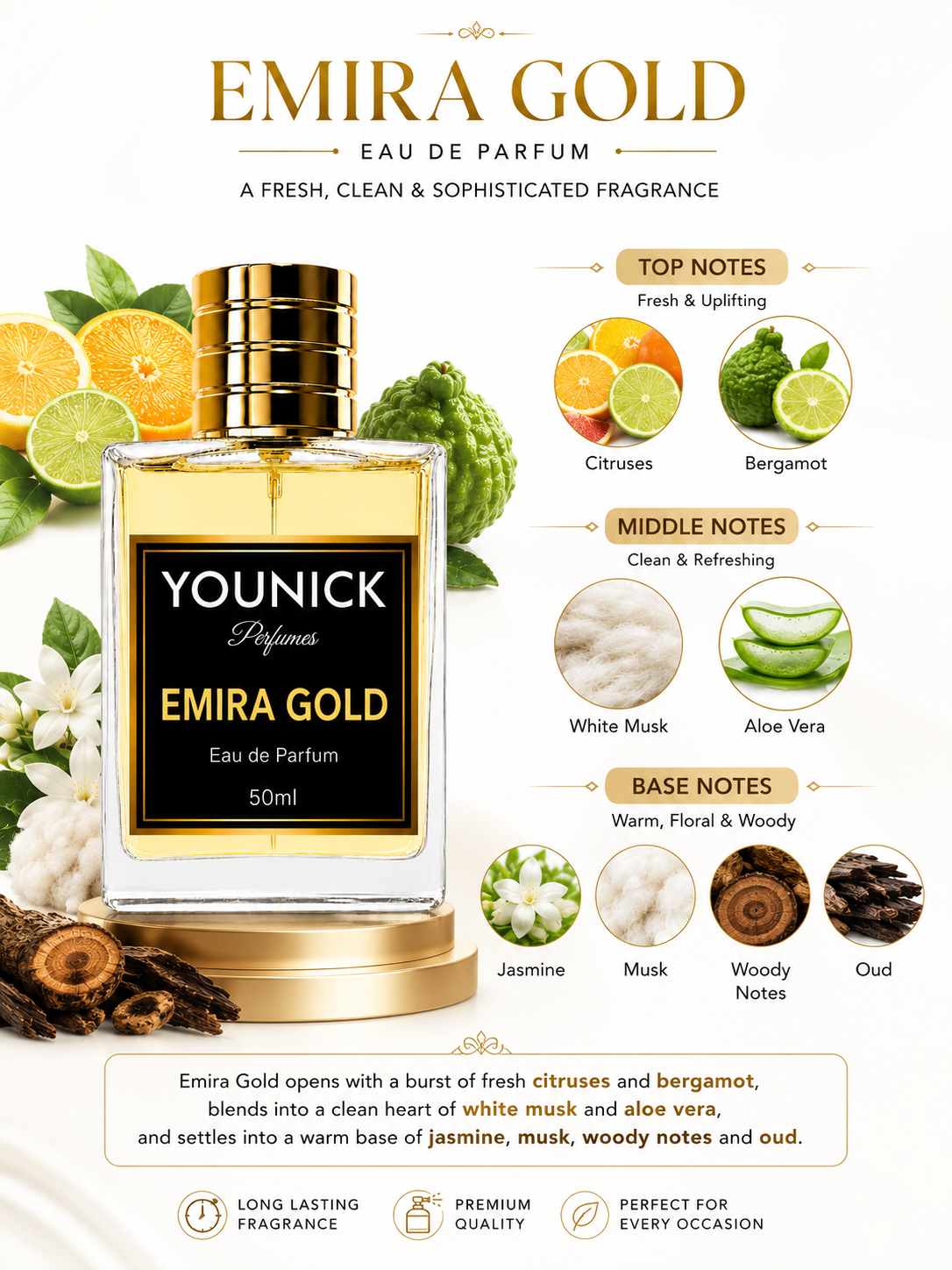 YOUNICK Emira Gold Eau de Parfum Inspired By 卂meerat 卂l 卂rab by 🅰sdααf Lαtt₳f₳ | Premium Long-Lasting Unisex Perfume | Fresh Citrus, White Musk & Oud Fragrance