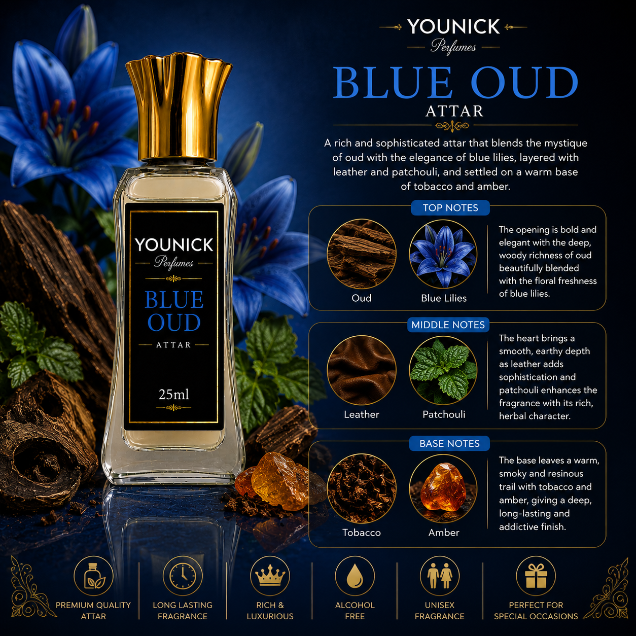 YOUNICK Blue Oud Premium Attar (Inspired by Blue Oud by Ibraheem Al Qurashi) | Luxury Long Lasting Oud Perfume Oil | Unisex Alcohol-Free Attar