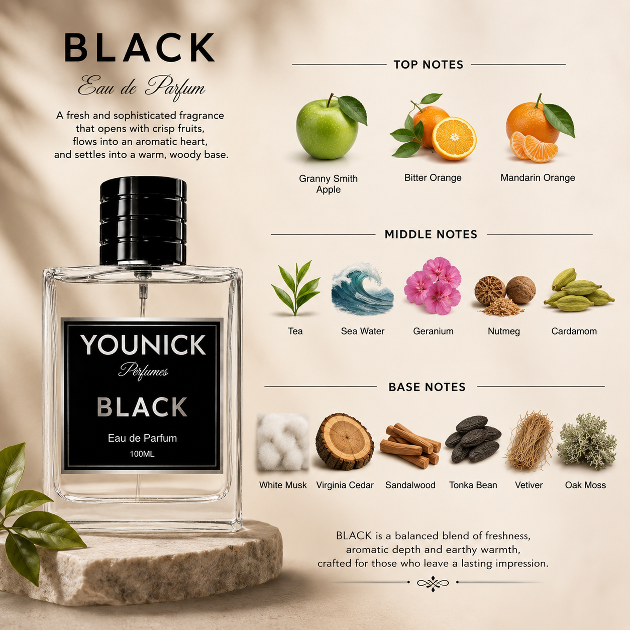 YOUNICK BLACK Eau De Parfum for Men | Fresh Woody Aromatic Fragrance | Long Lasting Perfume