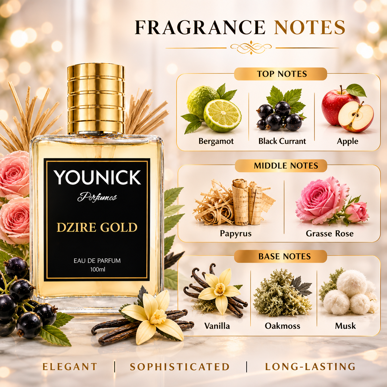 YOUNICK Dzire Gold Eau De Parfum | Premium Long Lasting Perfume for Men & Women | Fresh Fruity Floral Woody Fragrance