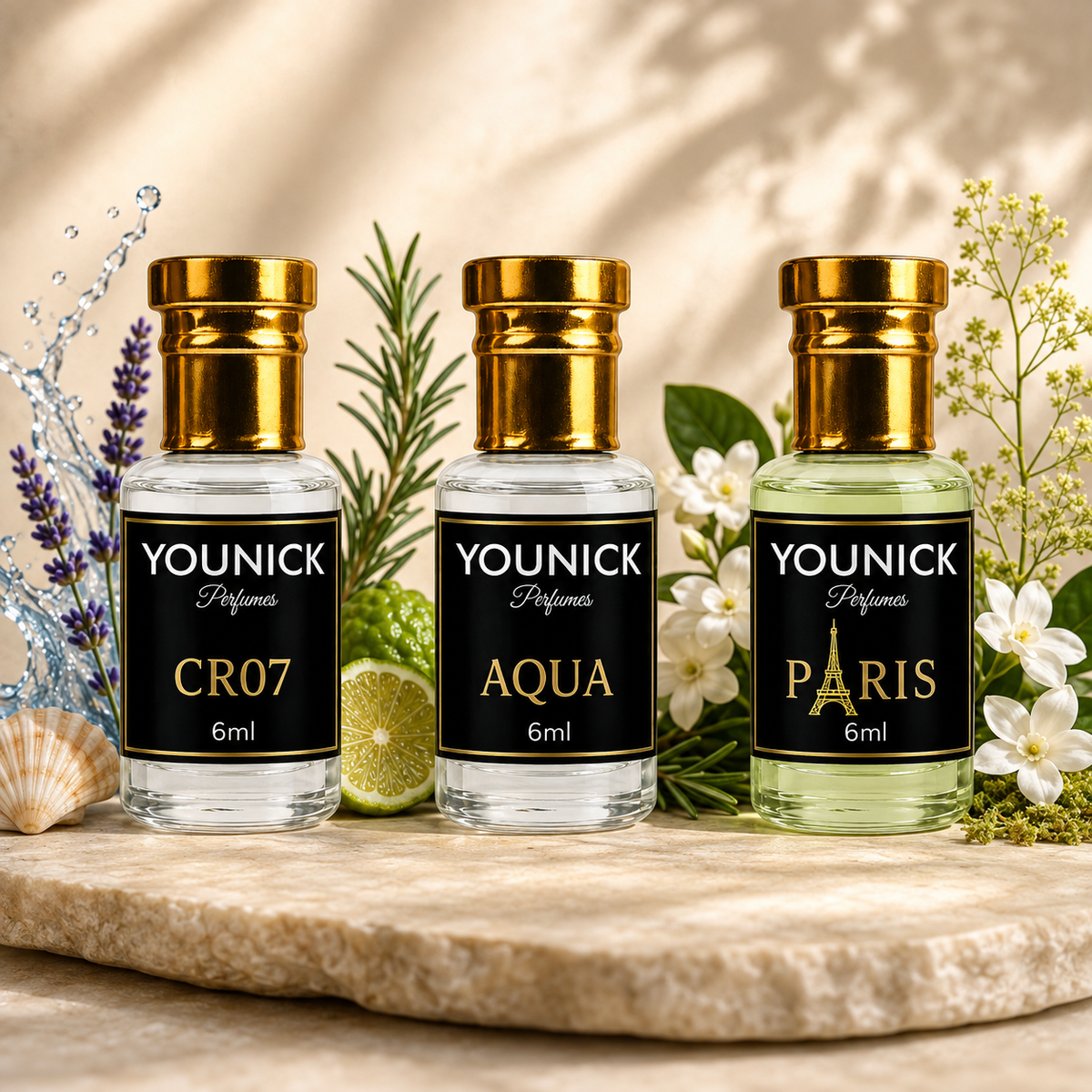 YOUNICK CR07, AQUA & PARIS Attar Combo – 6ML × 3 | 18ML Premium Fragrance Set