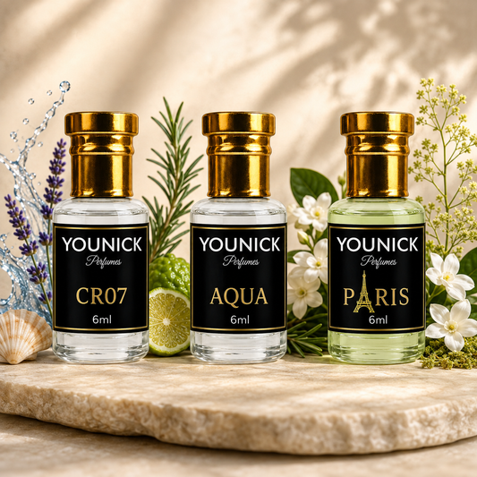 YOUNICK CR07, AQUA & PARIS Attar Combo – 6ML × 3 | 18ML Premium Fragrance Set