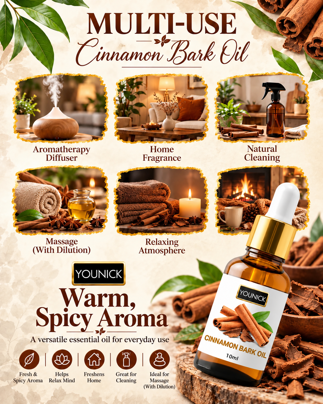 YOUNICK Cinnamon Bark Essential Oil 10ml | Warm Spicy Aroma for Diffusers & Home Fragrance