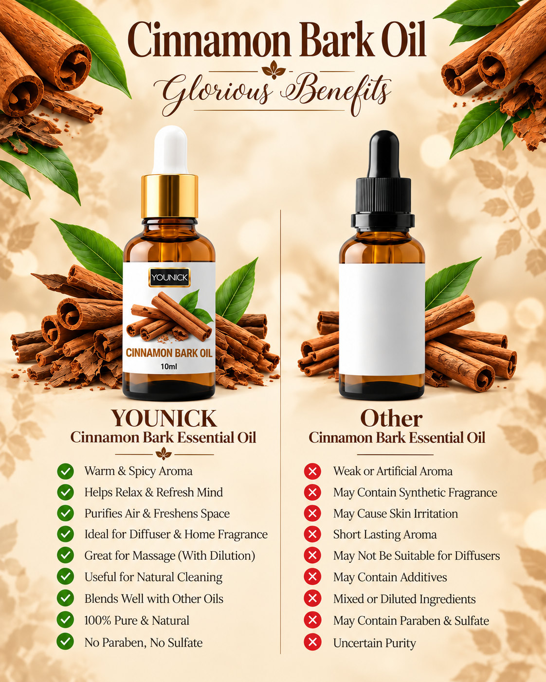 YOUNICK Cinnamon Bark Essential Oil 10ml | Warm Spicy Aroma for Diffusers & Home Fragrance