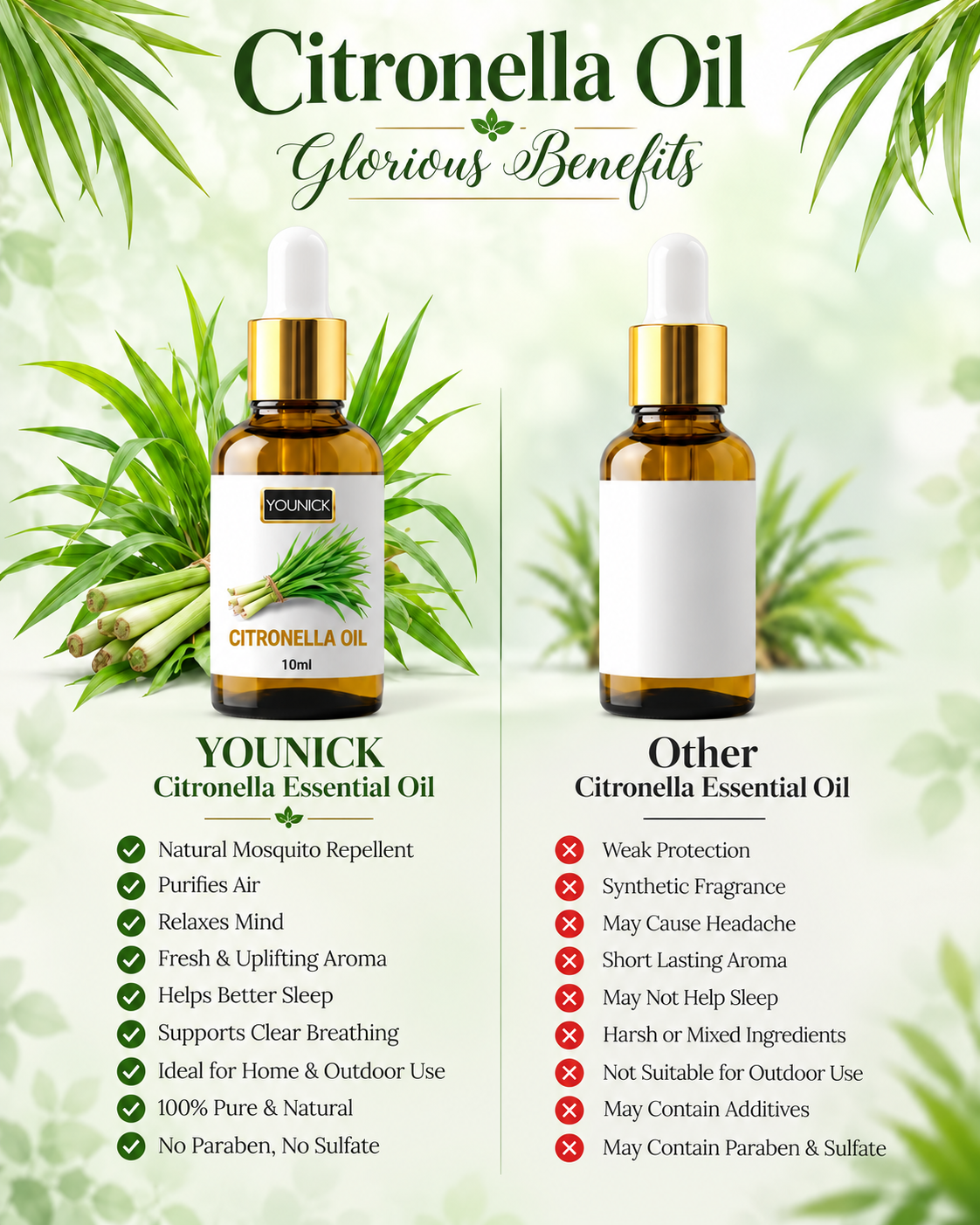 YOUNICK Citronella Essential Oil 10ml | Fresh Herbal Aroma for Diffusers & Home Fragrance