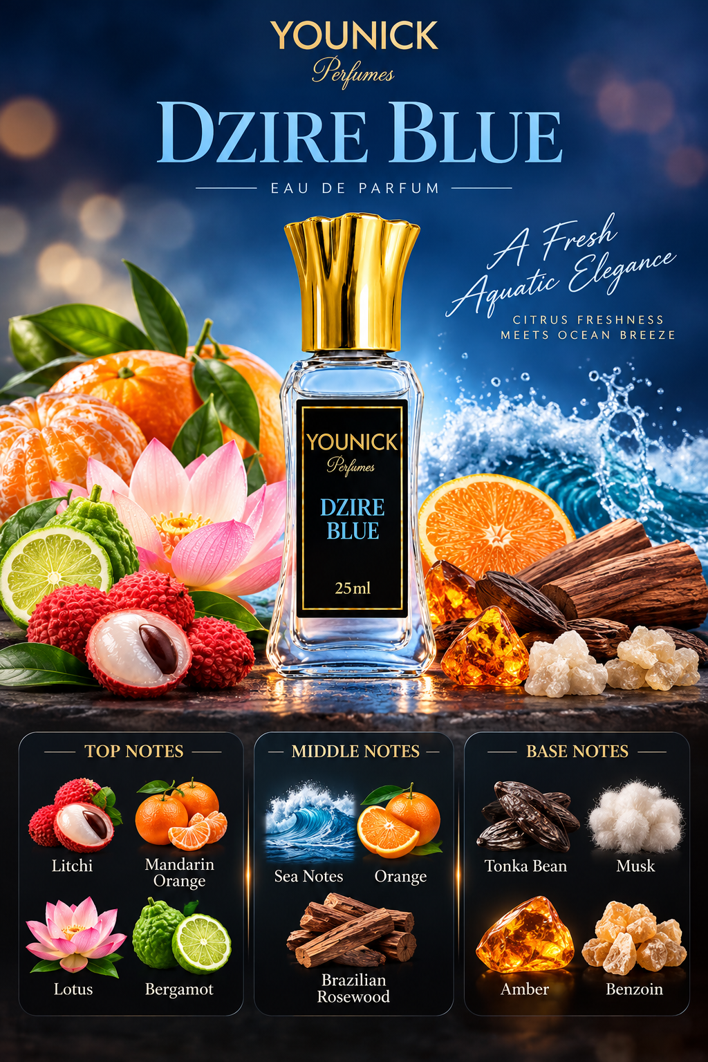 YOUNICK DZIRE BLUE Attar – Fresh Aquatic & Citrus Fragrance | Long-Lasting Attar for Men & Women | 6ml / 12ml / 25ml