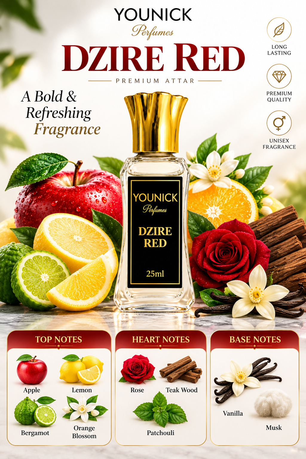 YOUNICK DZIRE RED Attar – Bold & Refreshing Premium Fragrance | Long-Lasting Attar for Men & Women | 6ml / 12ml / 25ml