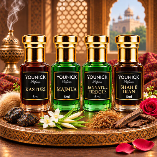 YOUNICK Traditional Attar Combo Pack of 4 – Kasturi, Majmua, Jannatul Firdous & Shah E Iran | Long Lasting Attar Oils for Men & Women