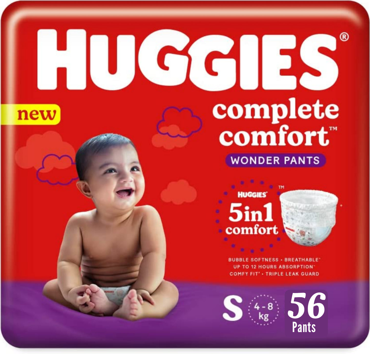 Huggies Complete Comfort Wonder Pants | Pant Style Baby Diapers S Size, 56 Count | India's Fastest Absorbing Diaper, Patented Dry Xpert Channel, Ideal for 4 to 8 Kgs