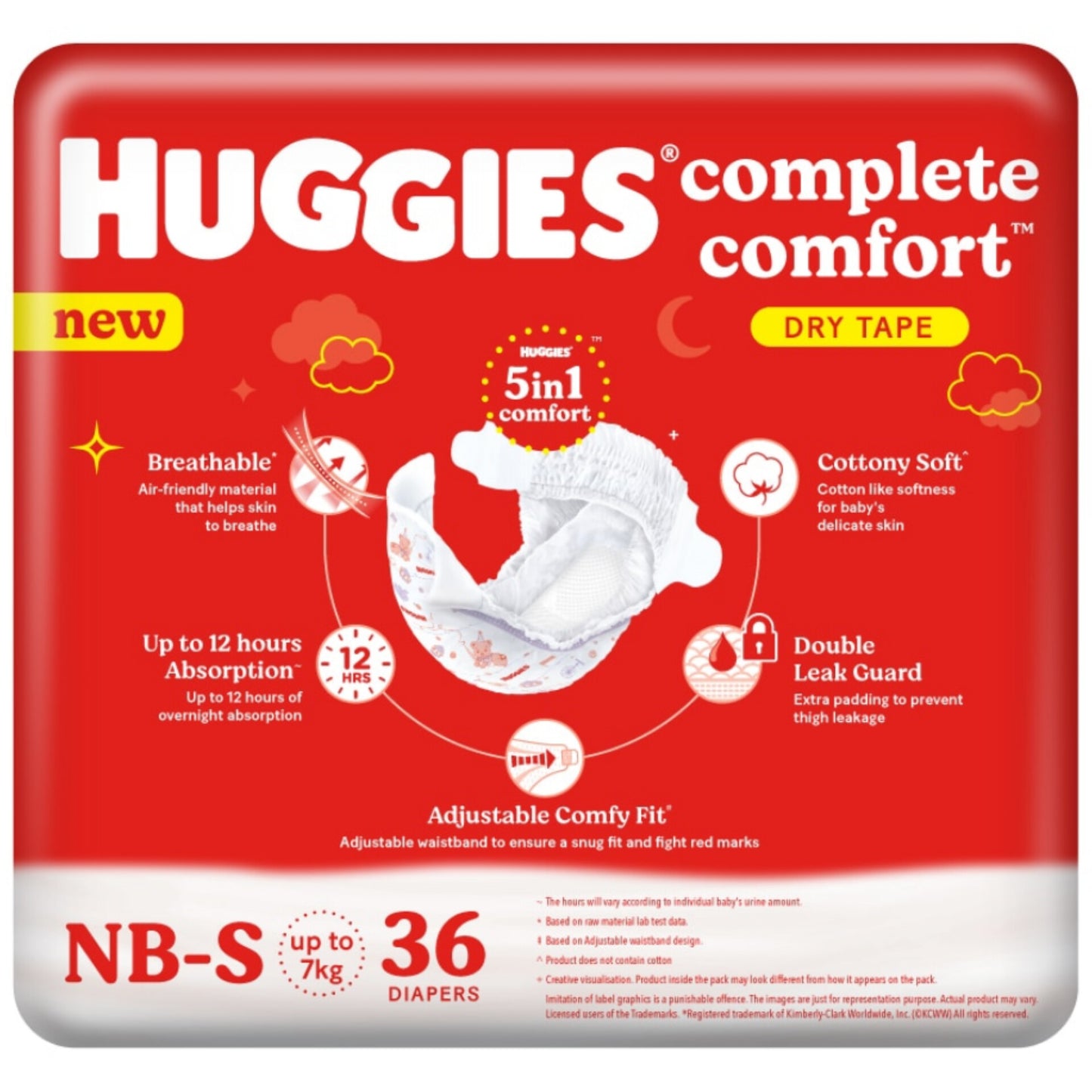 Huggies Combo Pack 36*2=72 Complete Comfort Dry Tape Newborn - Small (NB-S) Size (0-7 Kgs) Baby Tape Diapers