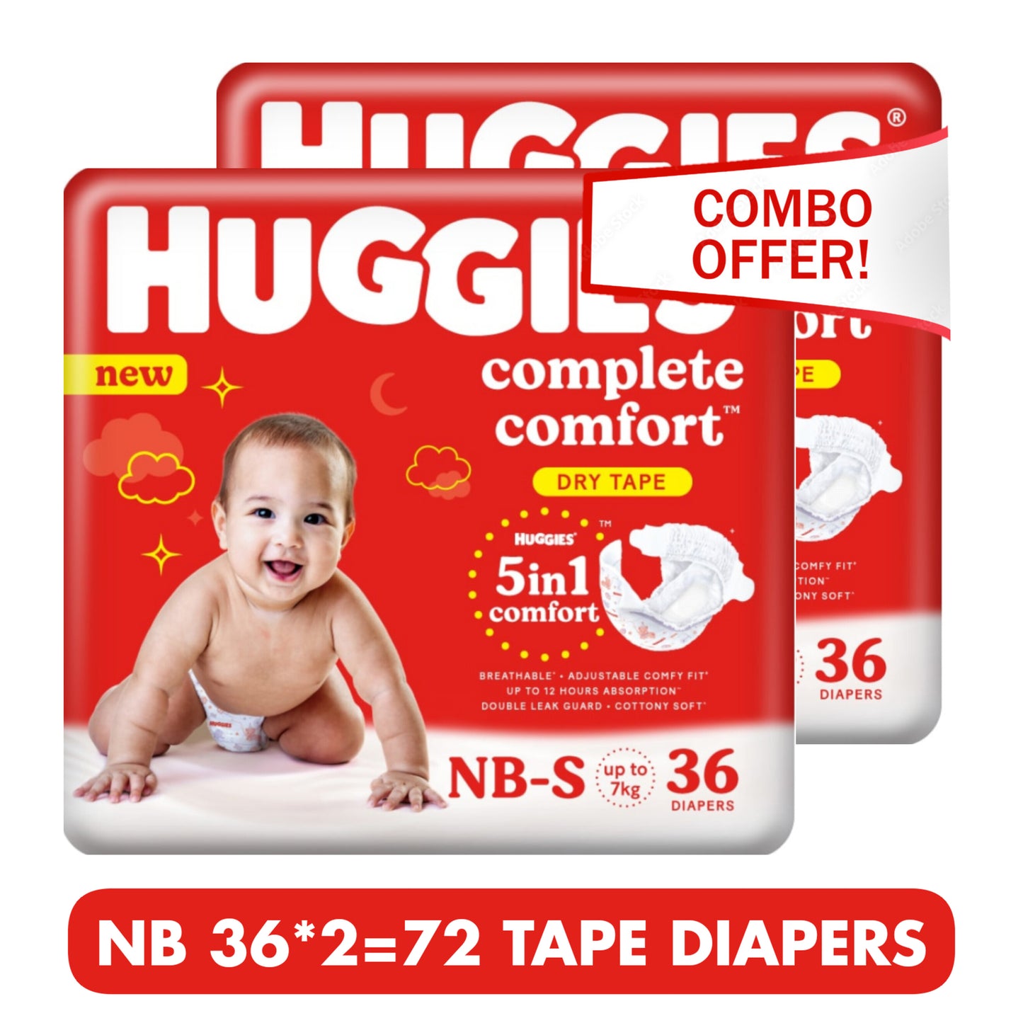 Huggies Combo Pack 36*2=72 Complete Comfort Dry Tape Newborn - Small (NB-S) Size (0-7 Kgs) Baby Tape Diapers