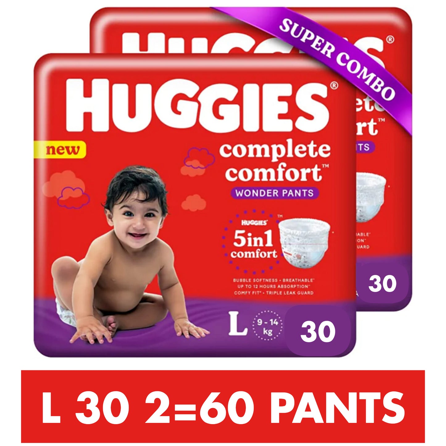 Huggies Complete Comfort Wonder Pants Large Combo pack L30*2=60pcs (9-14kgs) India's Fastest Absorbing Diaper