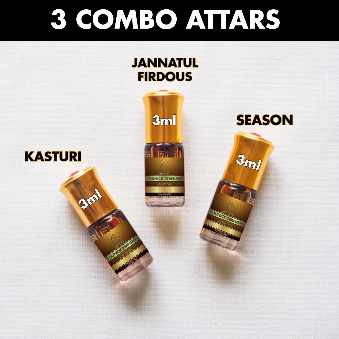 Kasturi, Jannatul Firdous, Season 3 attars combo pack of 3ml each by YOUNICK PERFUMES