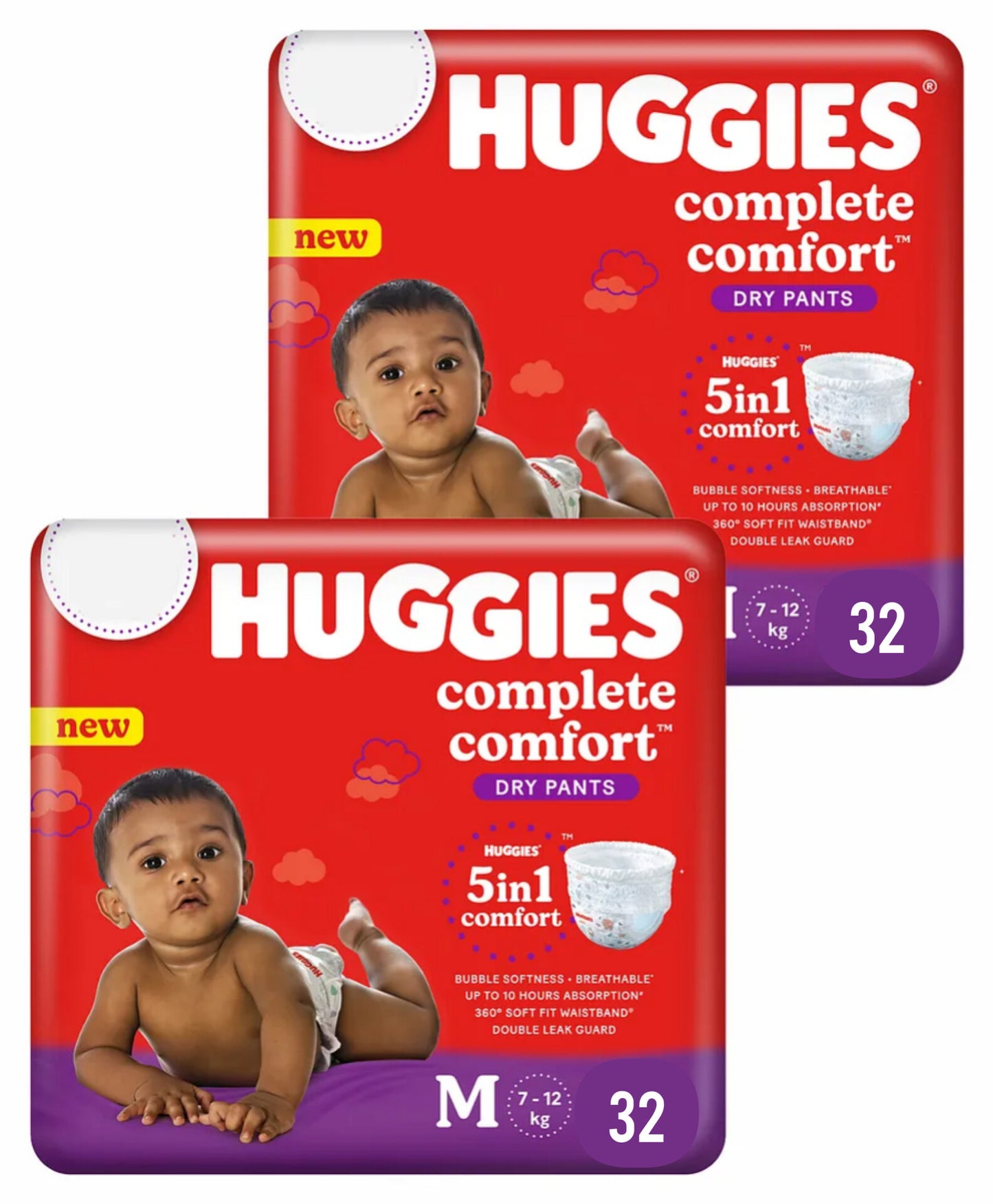 Huggies Complete Comfort Dry Pants Combo Pack Medium (M) Size Baby Diaper Pants, 32*2=64, with 5 in 1 Comfort