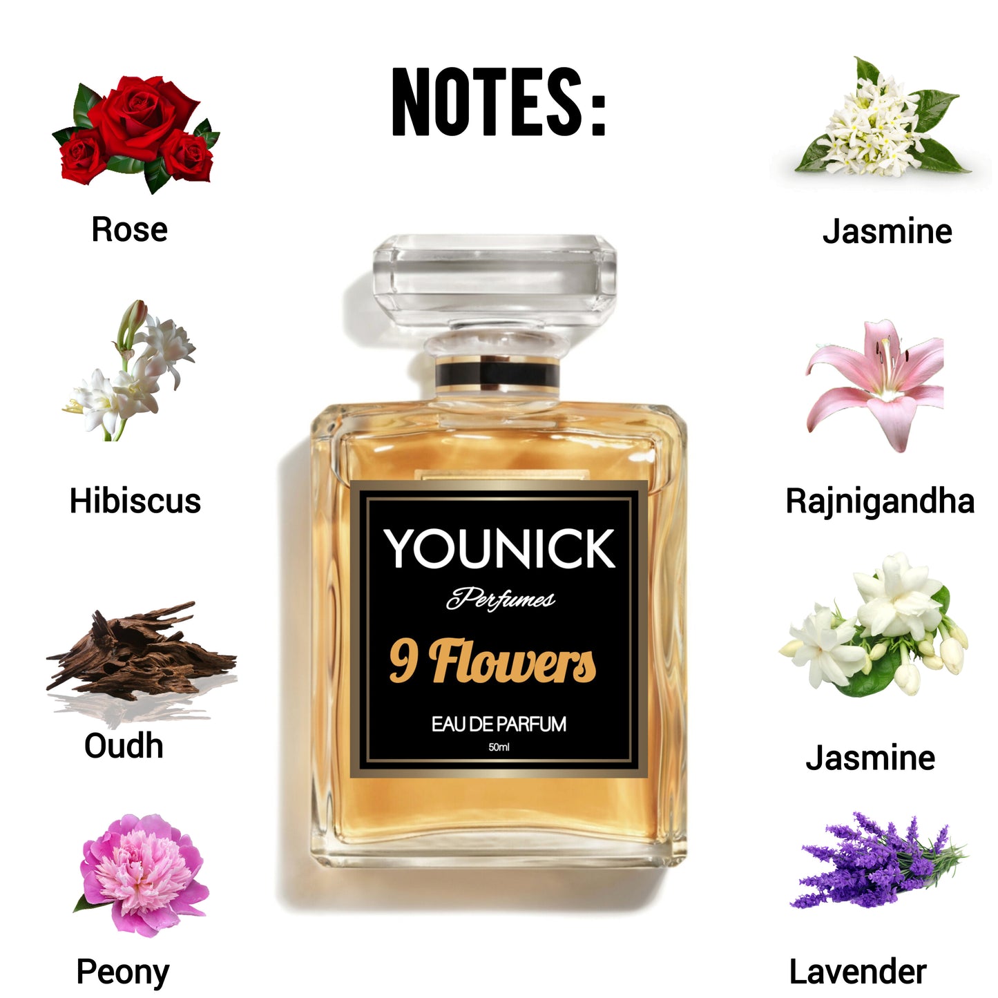 YOUNICK 9 FLOWERS PERFUME 50ML UNISEX, FLORAL, SEDUCTIVE PERFUME EAU DE PARFUM