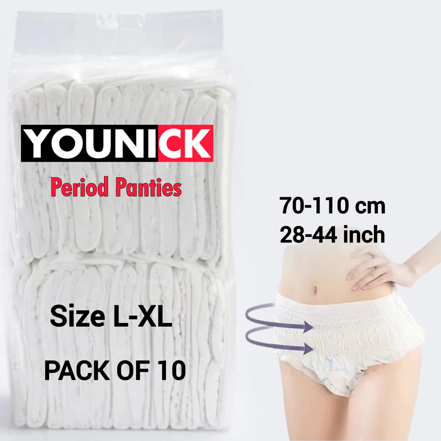 YOUNICK Period Panty L-XL pack of 10 (70-110cm, 28-44inch), Super Absorbent 360 Degree Leakage Protection for Heavy Flow, Panty like Fit for Full back Coverage, Absorbs Heavy Gushes, Silky Soft, Comfortable Feel