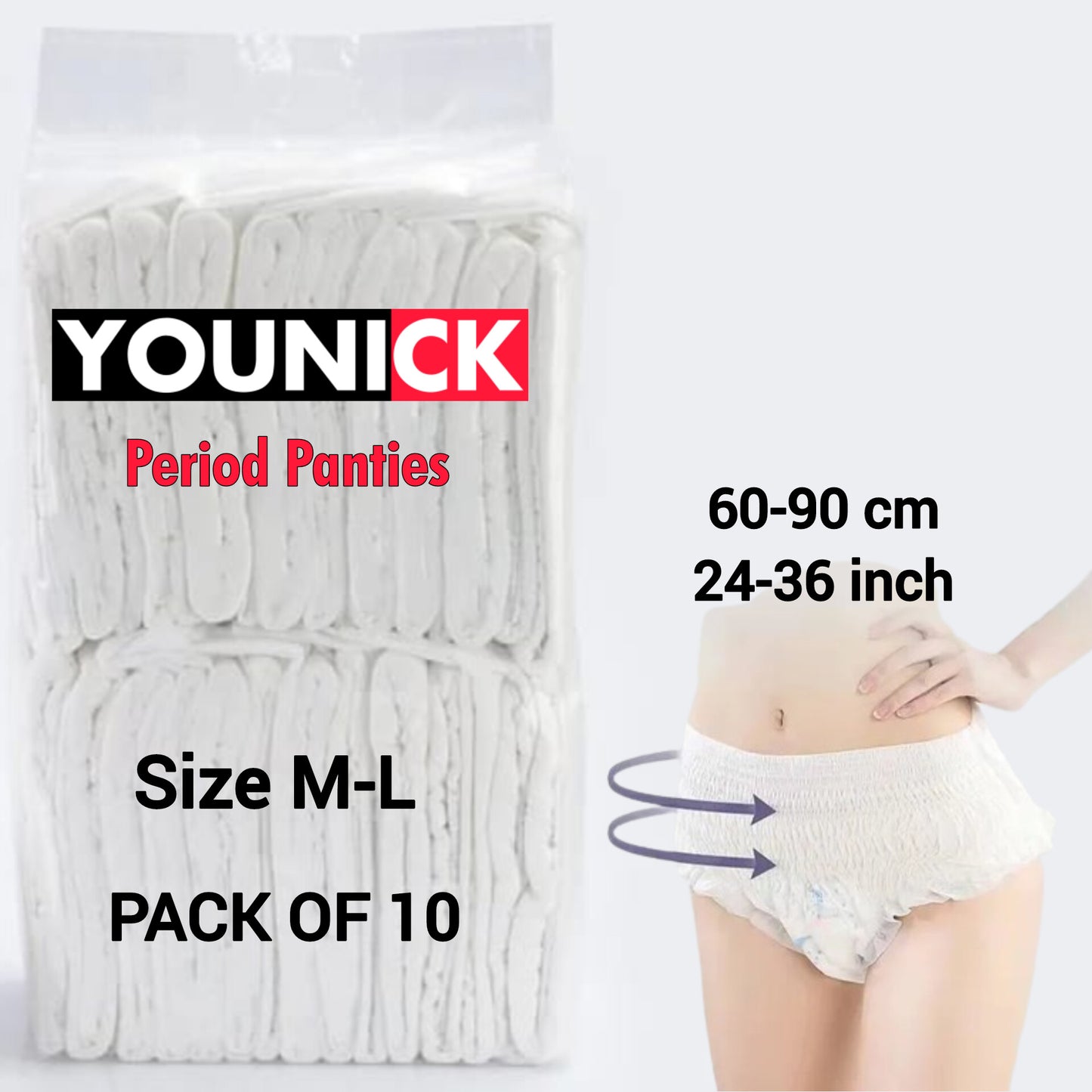 YOUNICK Period Panty M-L pack of 10 (60-90cm, 24-36inch), Super Absorbent 360 Degree Leakage Protection for Heavy Flow, Panty like Fit for Full back Coverage, Absorbs Heavy Gushes, Silky Soft, Comfortable Feel