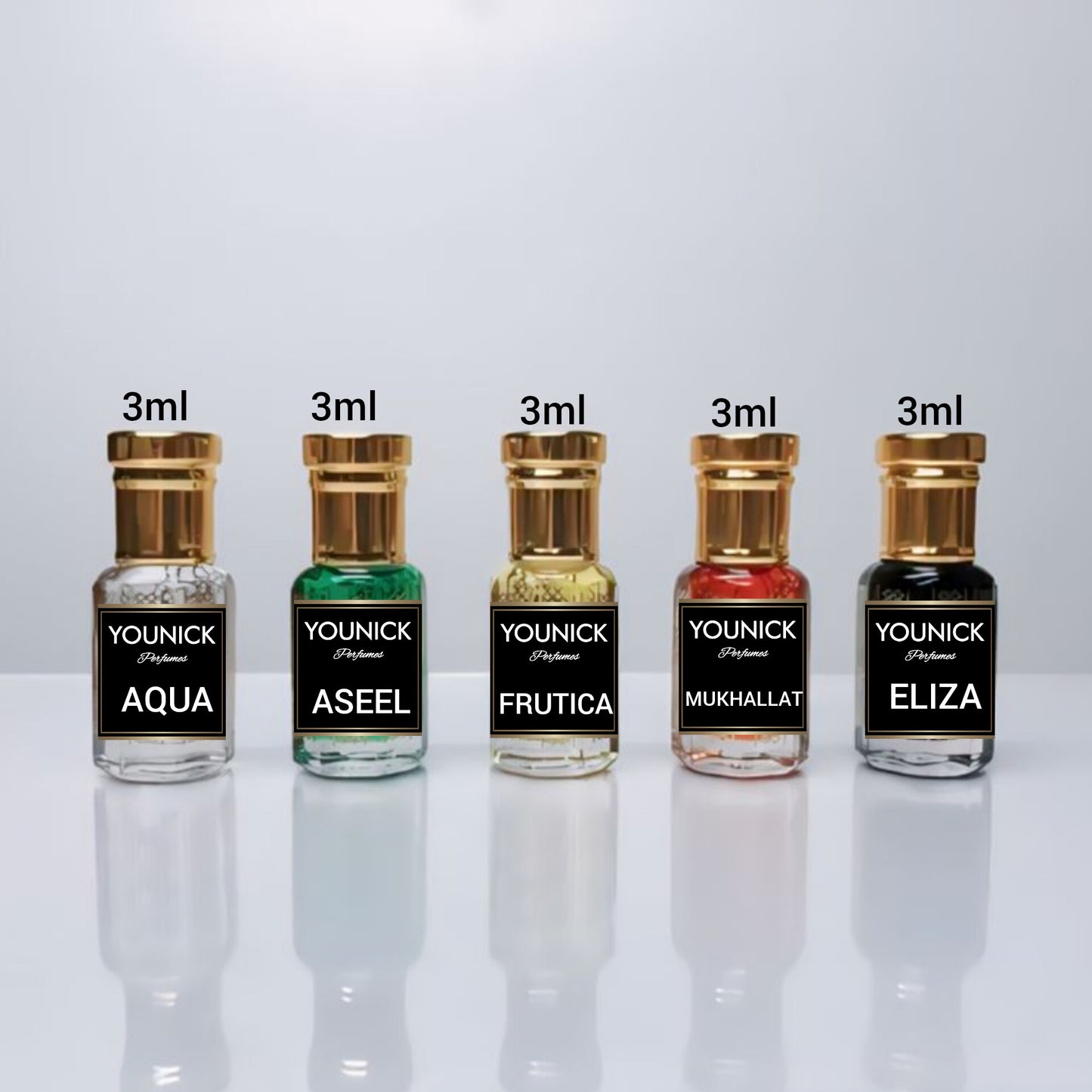 YOUNICK 5 ATTAR COMBO AQUA, ASEEL,FRUTICA, MUKHALLAT, AND ELIZA 3ml each, roll on bottle