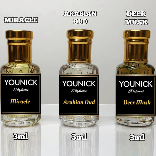 Attar Combo pack 3ml*3 bottles Arabian oudh, Miracle and Deer musk all 3 designer attars high quality by Younick