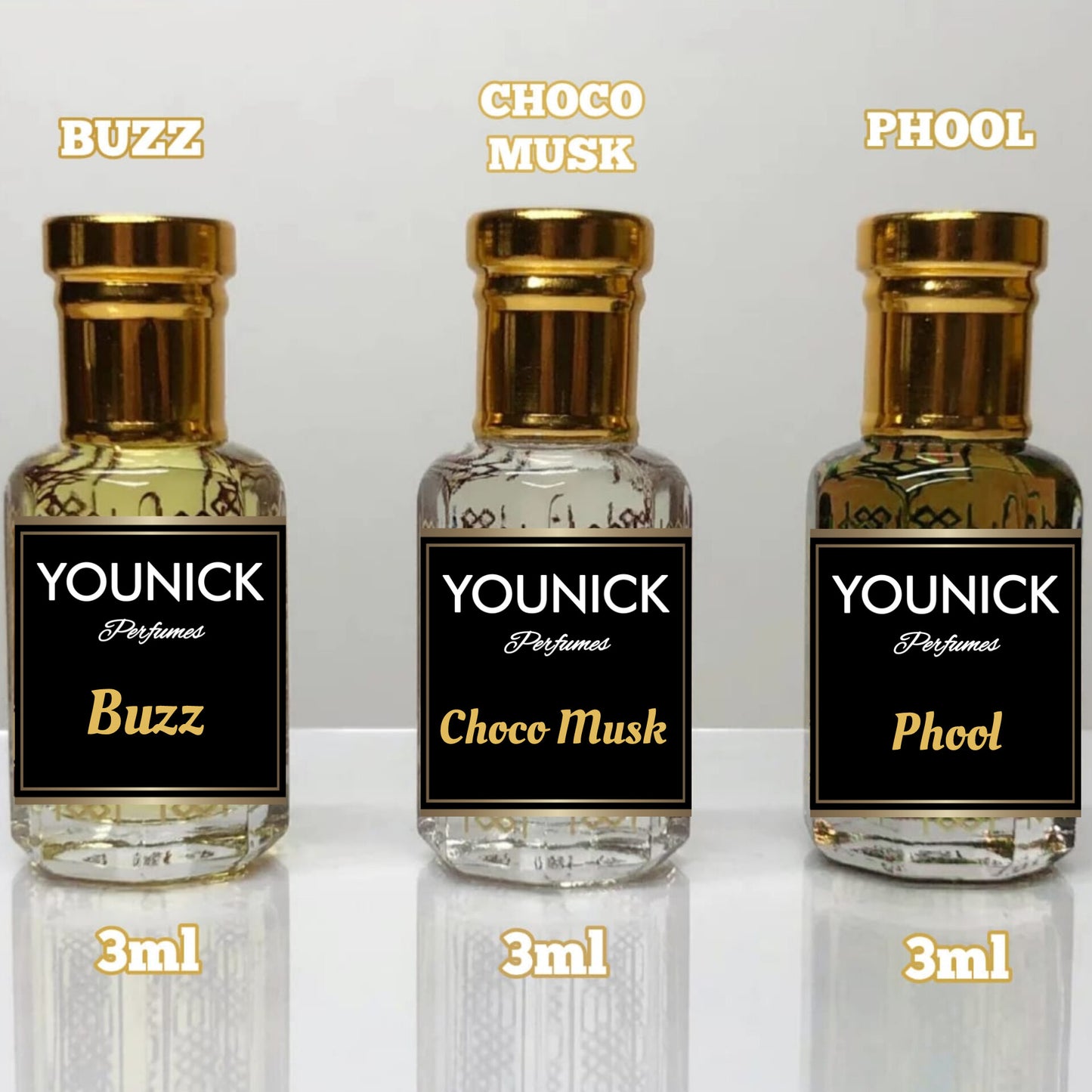 BUZZ, CHOCO MUSK AND PHOOL ATTAR COMBO OF 3 MAGICAL ATTARS HIGH QUALITY FRAGNANCES BY YOUNICK