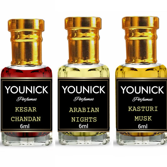 Younick Perfumes Kasturi Musk, Kesar Chandan, Arabian Nights Attar Combo (6mlx3, Total 18ml) – Strong Arabic Attars for Men