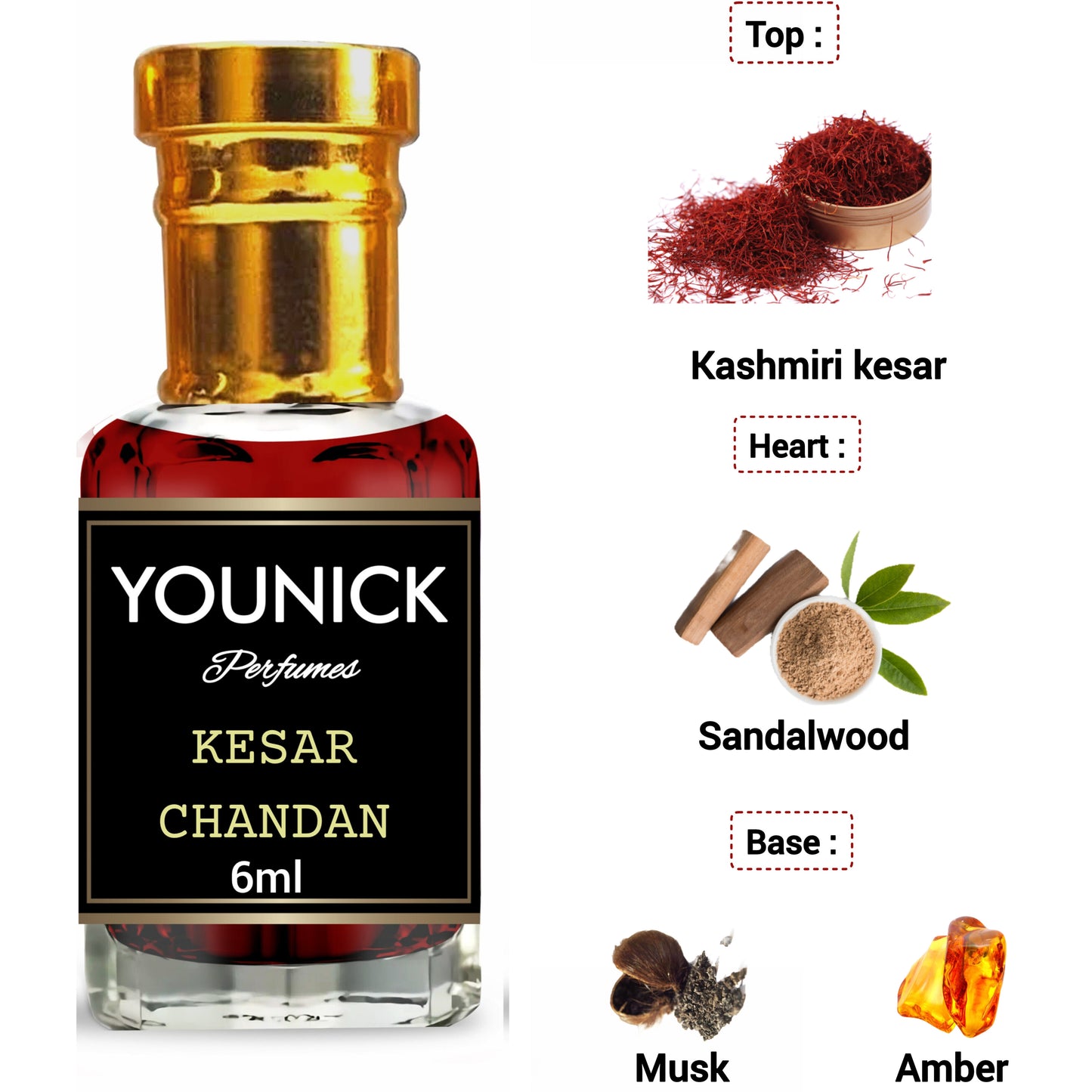 Younick Perfumes Kasturi Musk, Kesar Chandan, Arabian Nights Attar Combo (6mlx3, Total 18ml) – Strong Arabic Attars for Men