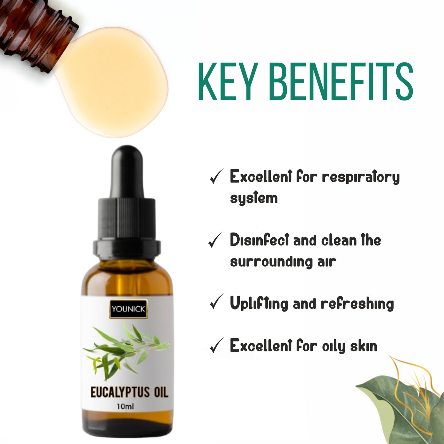 YOUNICK Eucalyptus Essential Oil 10ml with Dropper | 100% Pure & Natural Essential Oil | Aromatherapy, Skin & Hair Care