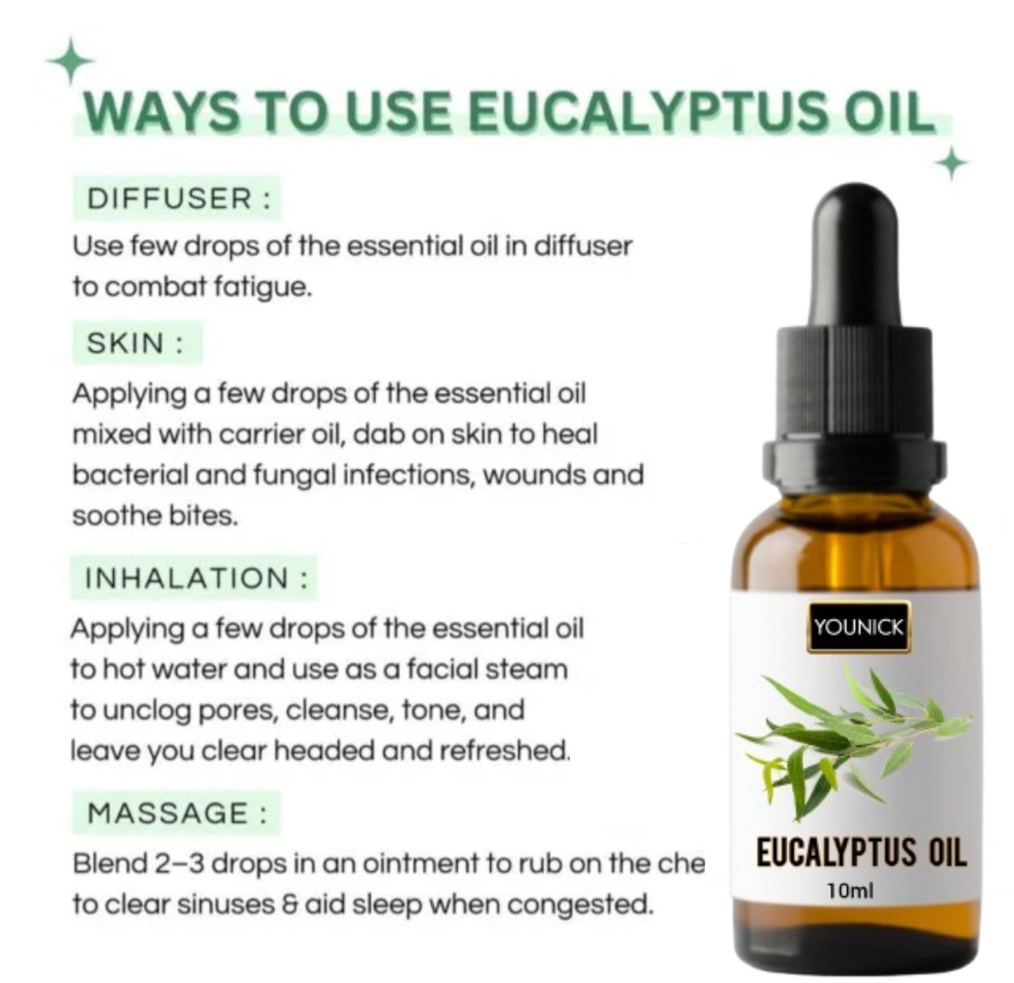 YOUNICK Eucalyptus Essential Oil 10ml with Dropper | 100% Pure & Natural Essential Oil | Aromatherapy, Skin & Hair Care