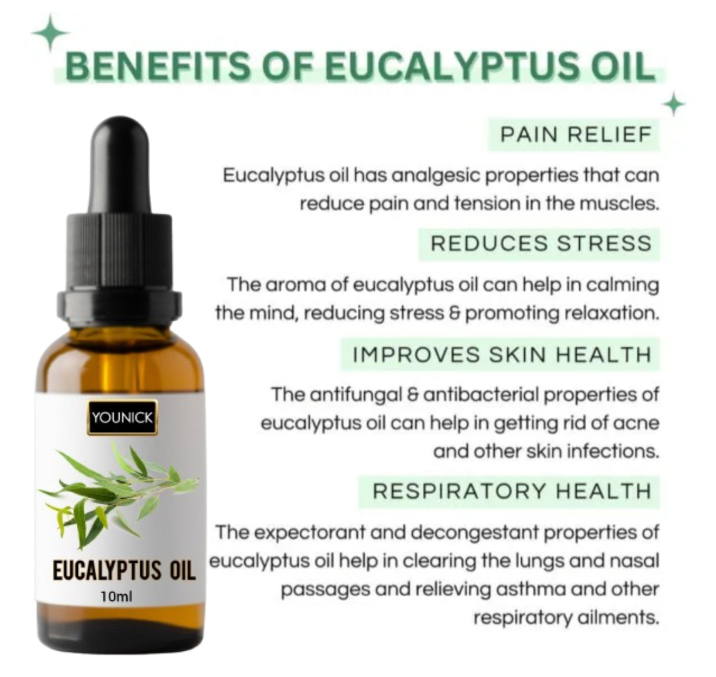 YOUNICK Eucalyptus Essential Oil 10ml with Dropper | 100% Pure & Natural Essential Oil | Aromatherapy, Skin & Hair Care