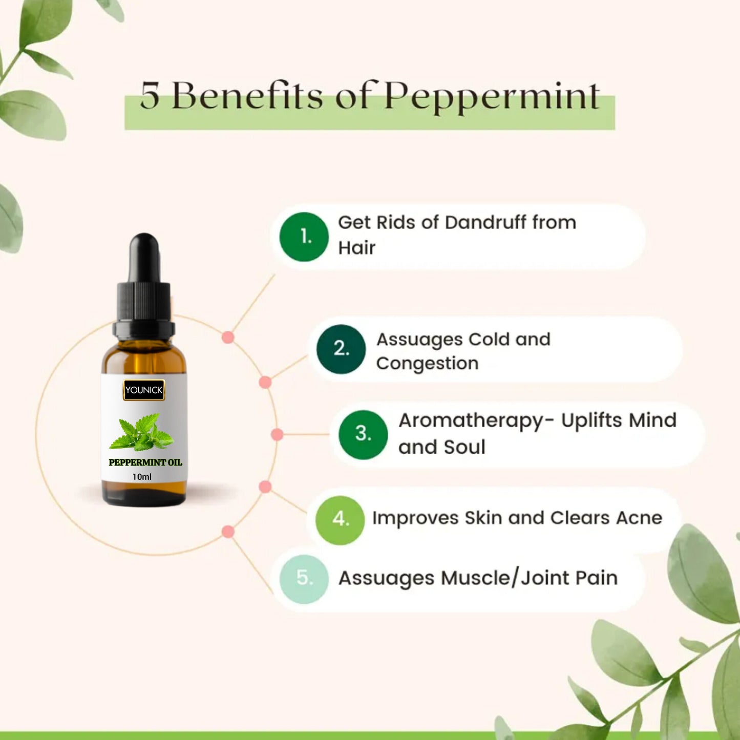 YOUNICK 100% Pure Peppermint Essential Oil – 10ml with Dropper | Cold & Congestion Relief | Aromatherapy | Muscle & Joint Pain | Hair & Skin Care