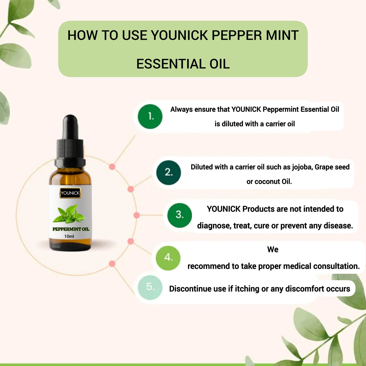 YOUNICK 100% Pure Peppermint Essential Oil – 10ml with Dropper | Cold & Congestion Relief | Aromatherapy | Muscle & Joint Pain | Hair & Skin Care