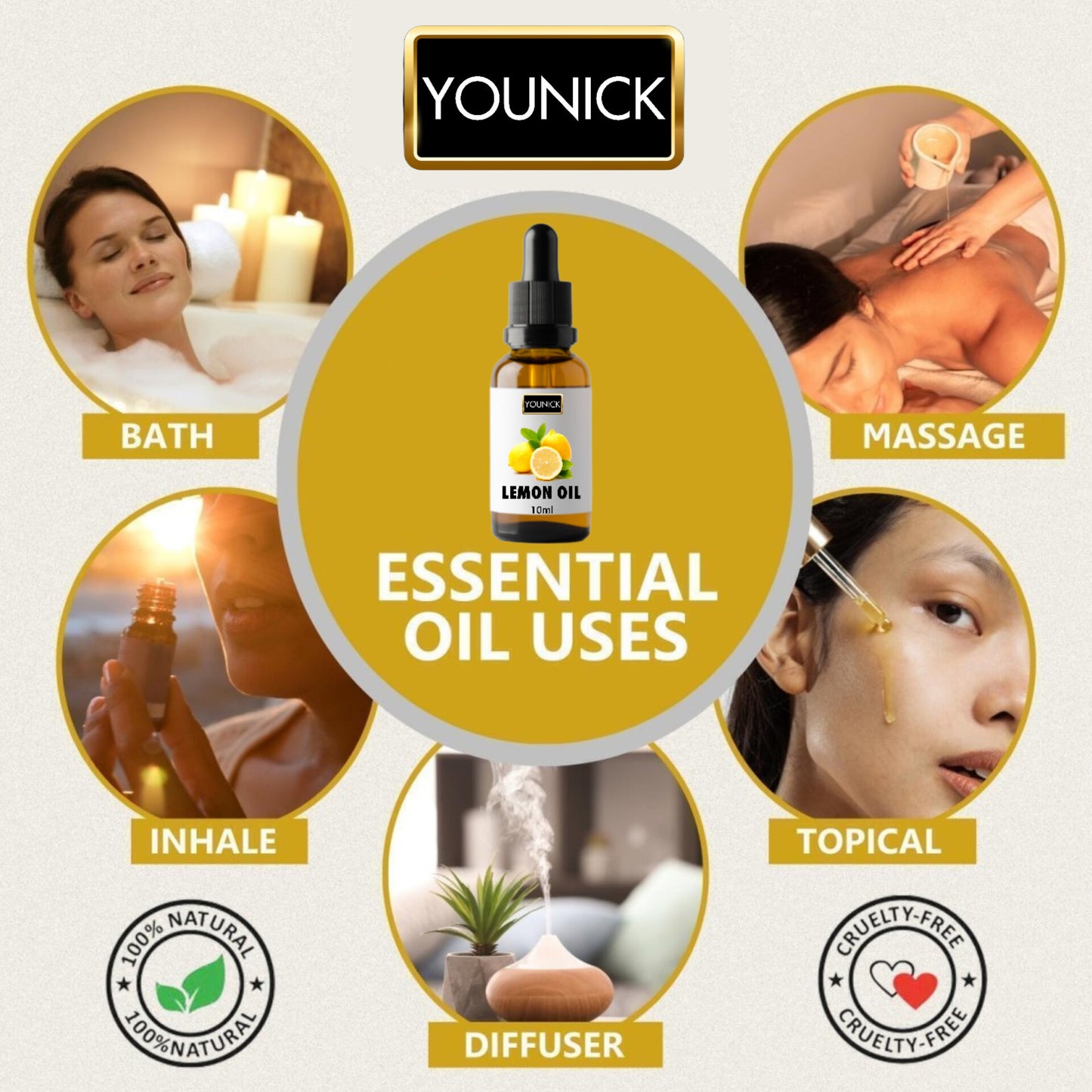 YOUNICK Lemon Essential Oil 10ml with Dropper | 100% Pure & Natural | Aromatherapy, Diffuser, Massage, Skin Care & Disinfectant