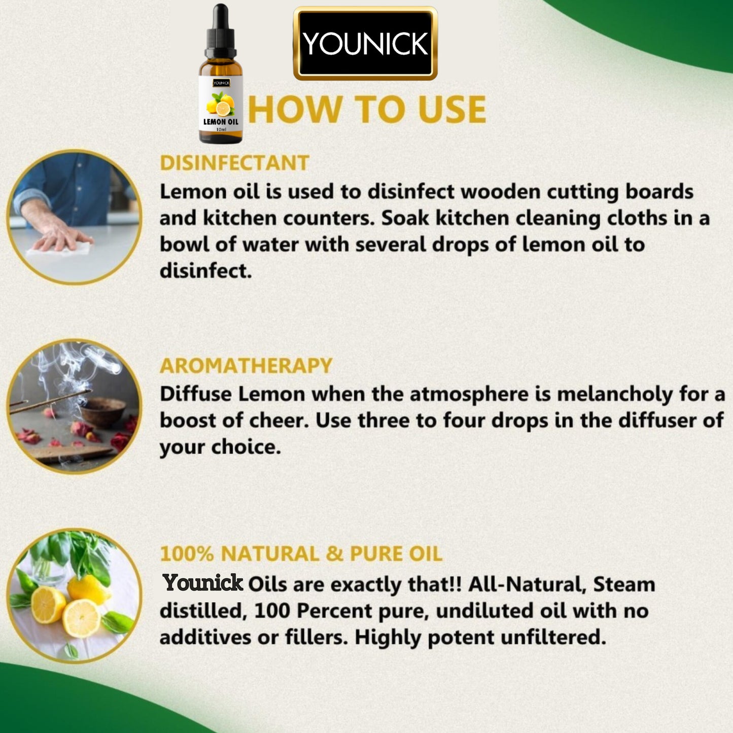 YOUNICK Lemon Essential Oil 10ml with Dropper | 100% Pure & Natural | Aromatherapy, Diffuser, Massage, Skin Care & Disinfectant