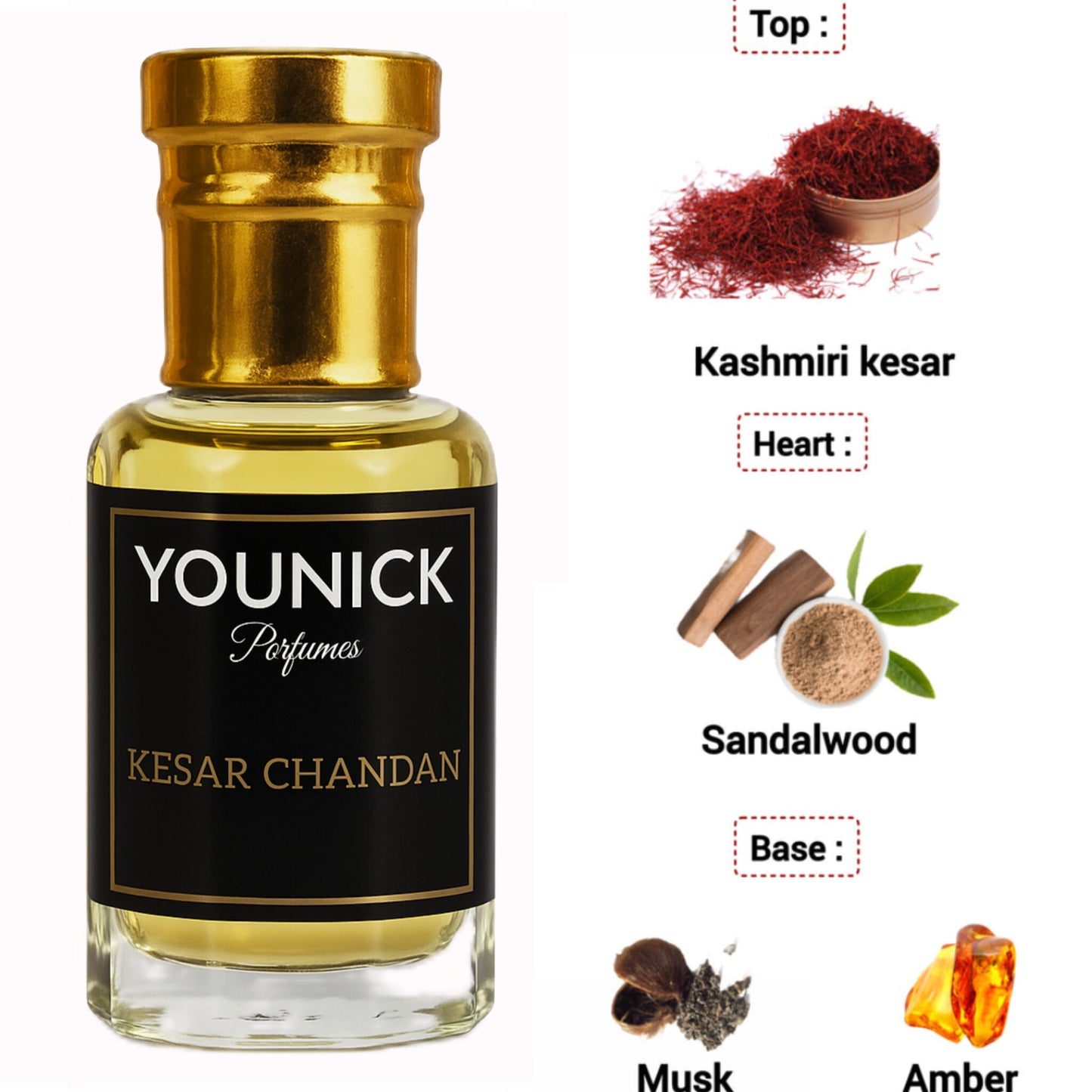 Younick Perfumes Kasturi Musk, Kesar Chandan, Arabian Nights Attar Combo (6mlx3, Total 18ml) – Strong Arabic Attars for Men
