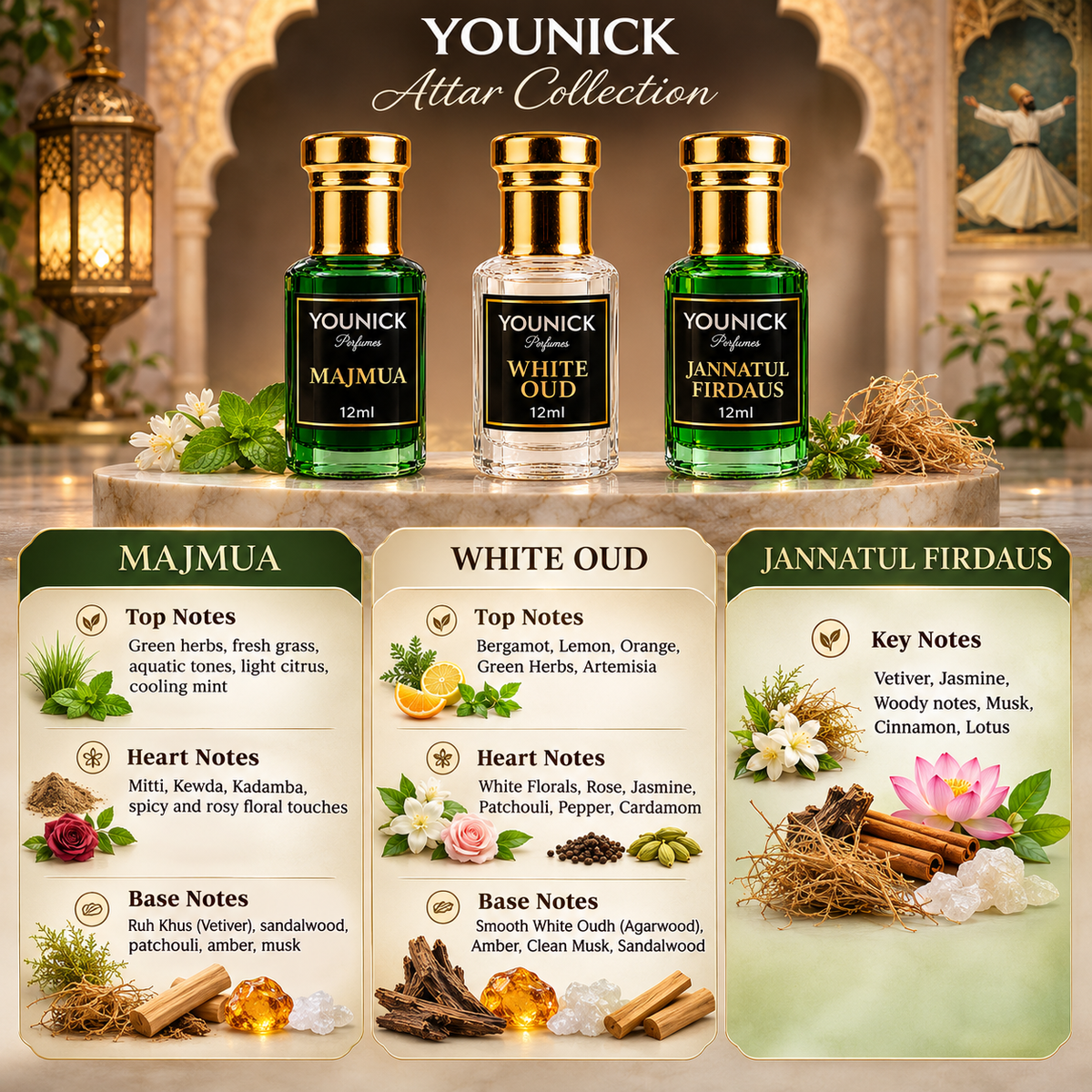 YOUNICK Premium Attar Combo – Majmua, White Oud & Jannatul Firdaus