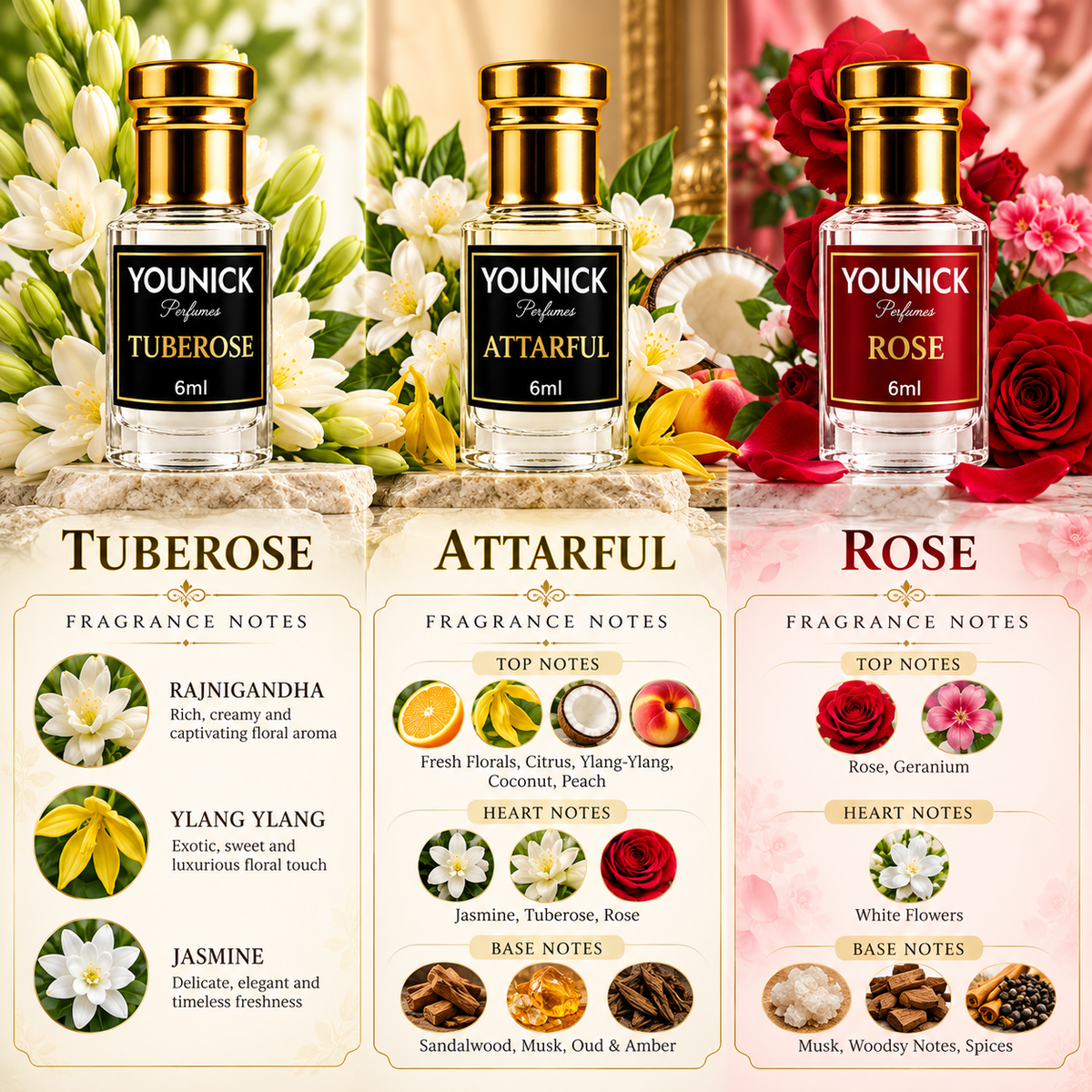 YOUNICK Perfumes Floral Attar Combo Pack of 3 | Tuberose, Attarful & Rose | Long-Lasting Floral Fragrance for Men & Women | 6ml Each