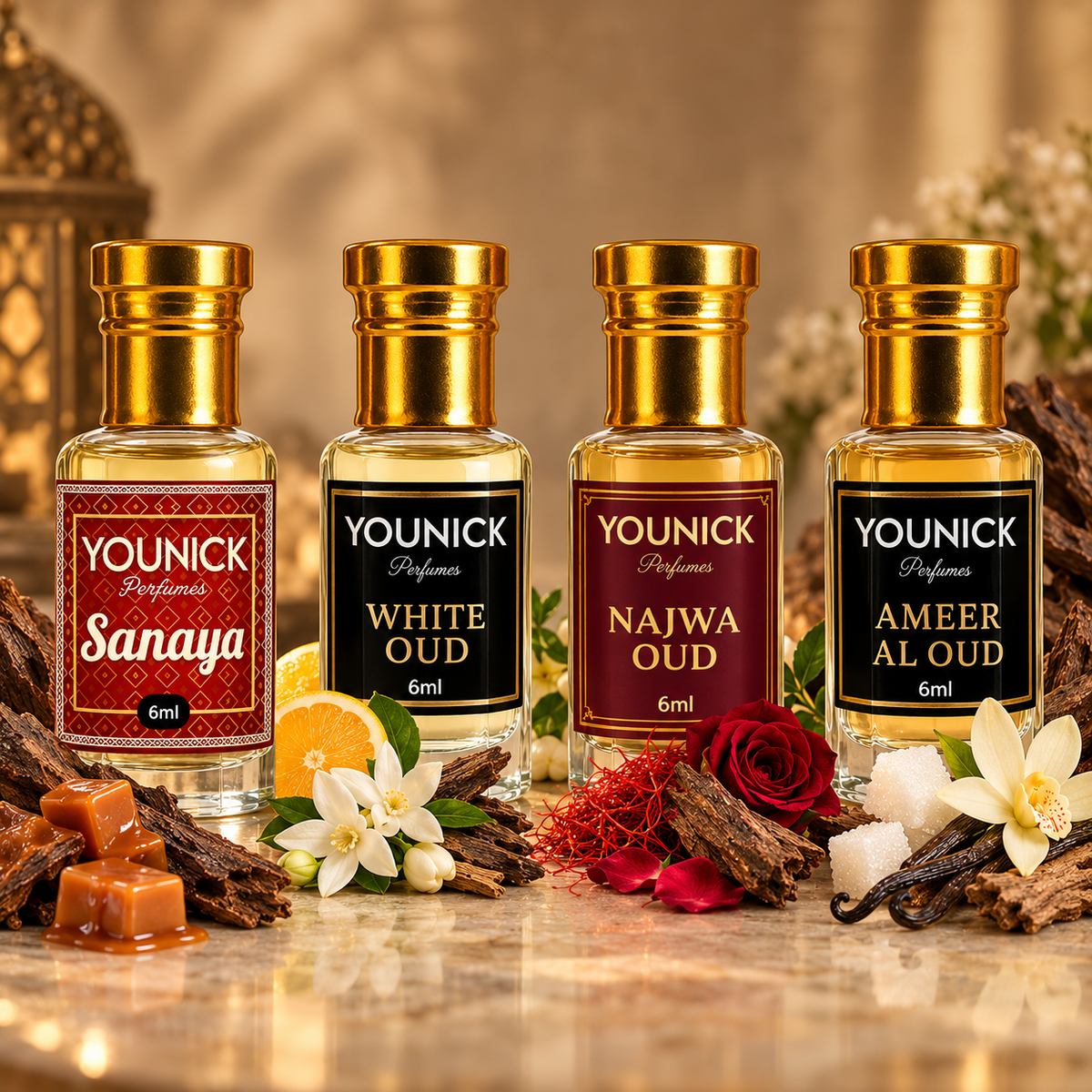 YOUNICK Arabic Attar Combo Pack of 4 | Sanaya, White Oud, Najwa Oud & Ameer Al Oud | 6ml Each | Premium Oud Fragrance Collection