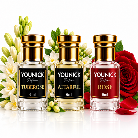 YOUNICK Perfumes Floral Attar Combo Pack of 3 | Tuberose, Attarful & Rose | Long-Lasting Floral Fragrance for Men & Women | 6ml Each