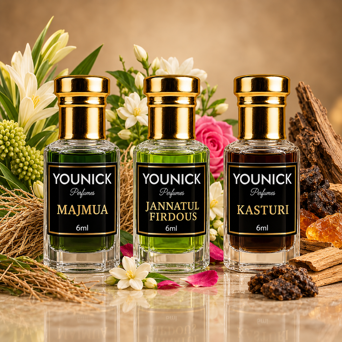 YOUNICK Traditional Attar Combo of 3 – Majmua, Jannatul Firdous & Kasturi | 6ml Each | 18ml Total | Premium Indian Attar Collection
