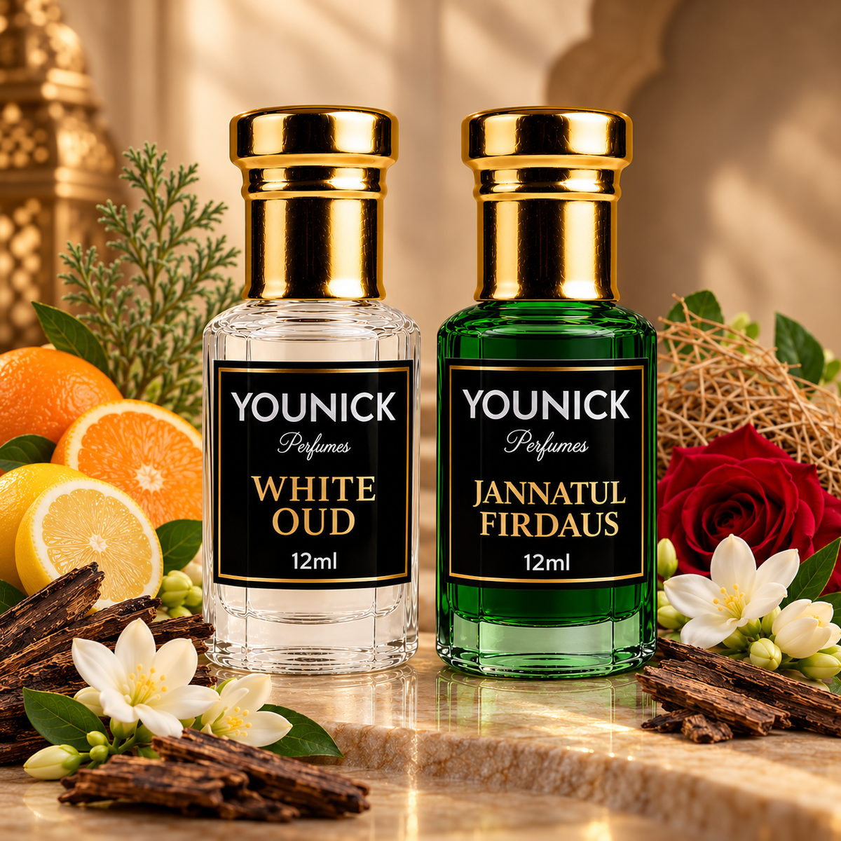 YOUNICK White Oud & Jannatul Firdaus Attar Combo Pack | 2 Traditional Fragrance Oils | 6ml Each and 12ml each