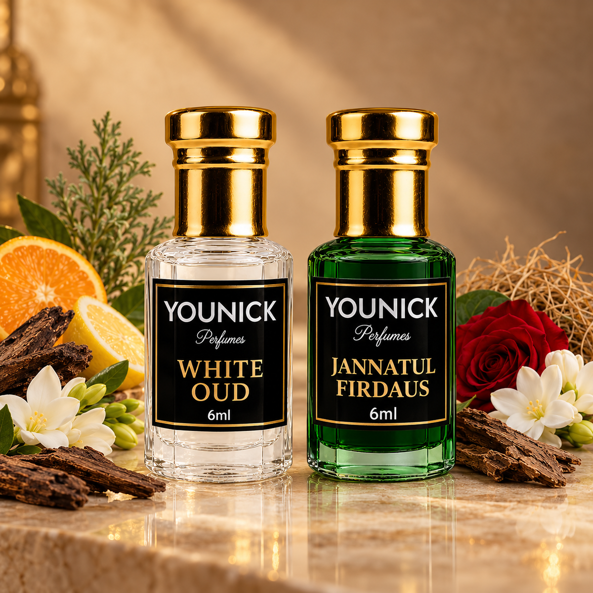 YOUNICK White Oud & Jannatul Firdaus Attar Combo Pack | 2 Traditional Fragrance Oils | 6ml Each and 12ml each