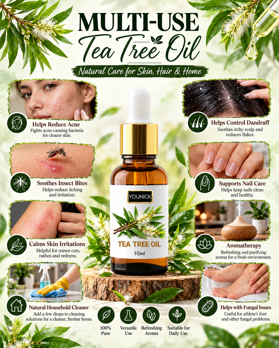 YOUNICK Tea Tree Essential Oil 10ml | Hair & Scalp Care, Skincare & Aromatherapy