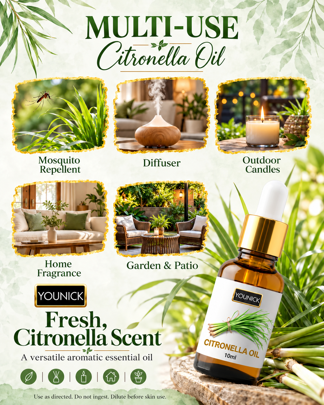 YOUNICK Citronella Essential Oil 10ml | Fresh Herbal Aroma for Diffusers & Home Fragrance