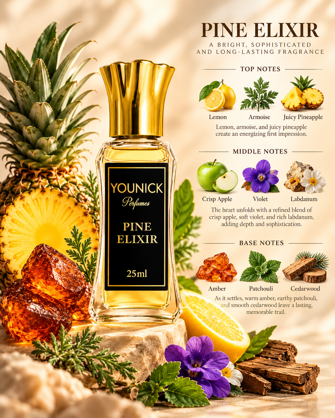 YOUNICK Pine Elixir Attar – Fresh Pineapple & Citrus Fragrance with Amber, Patchouli & Cedarwood | 6ml / 12ml / 25ml