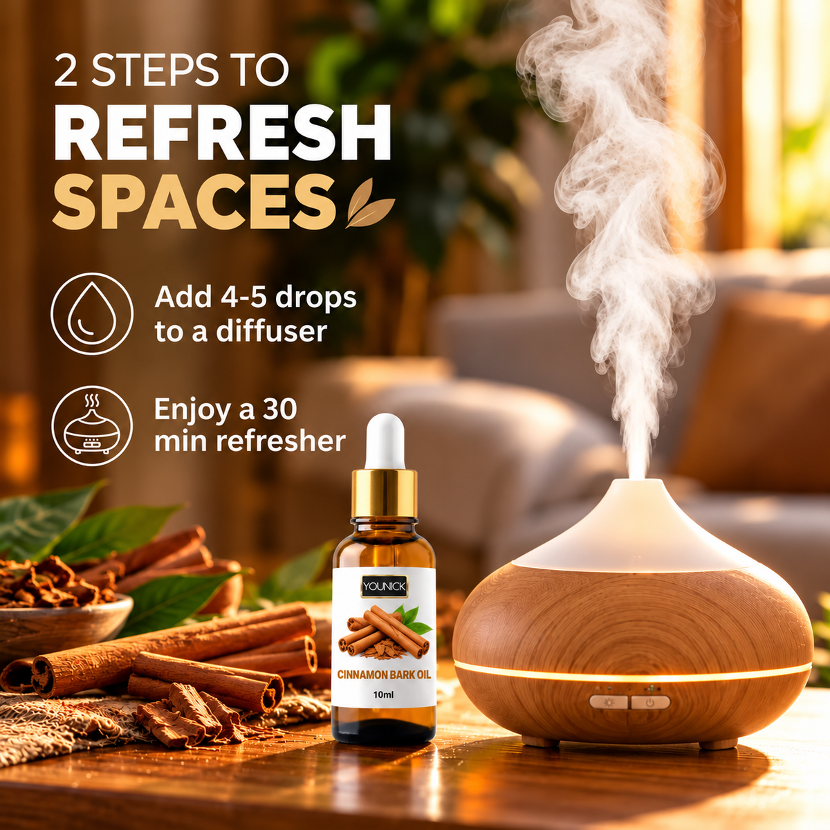 YOUNICK Cinnamon Bark Essential Oil 10ml | Warm Spicy Aroma for Diffusers & Home Fragrance