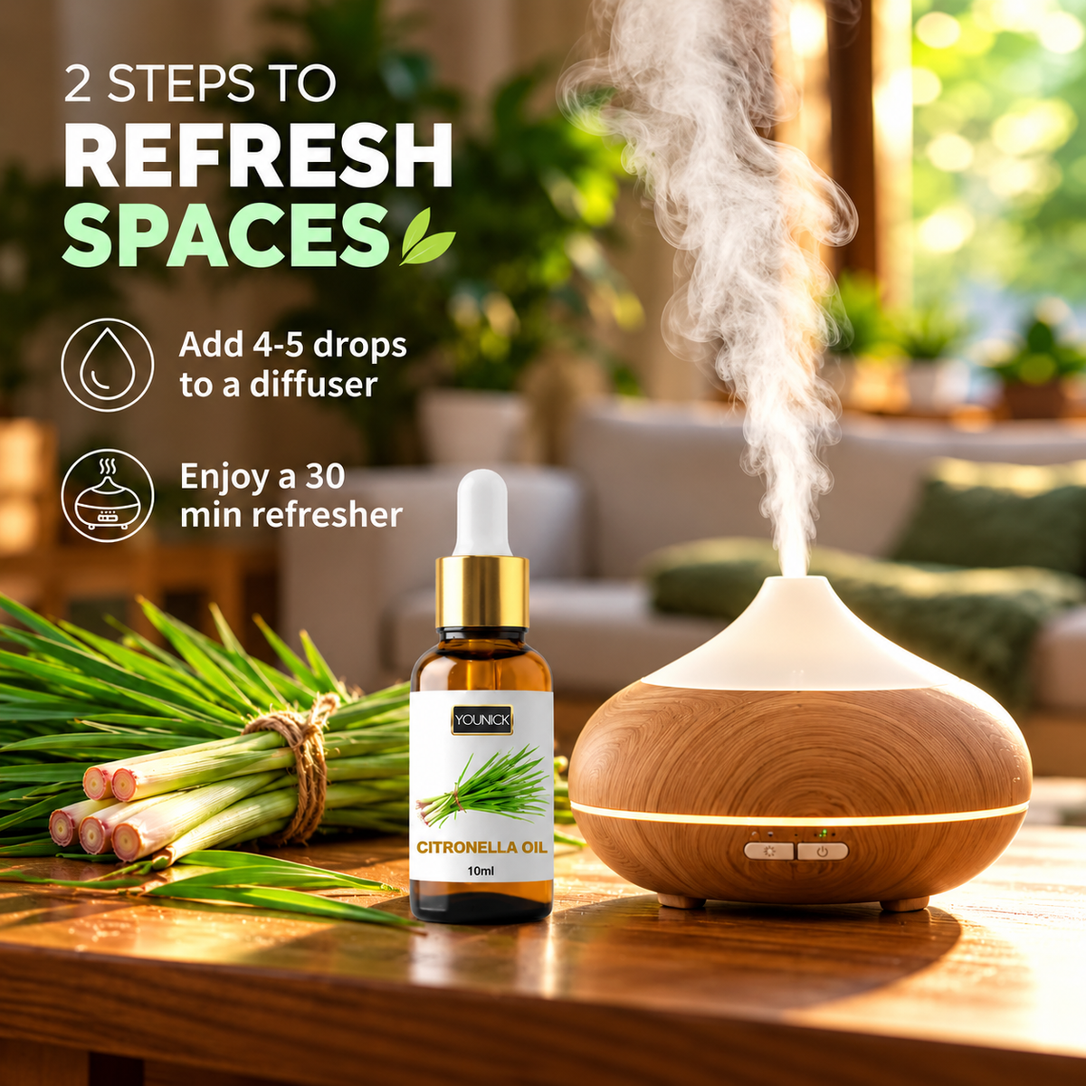 YOUNICK Citronella Essential Oil 10ml | Fresh Herbal Aroma for Diffusers & Home Fragrance