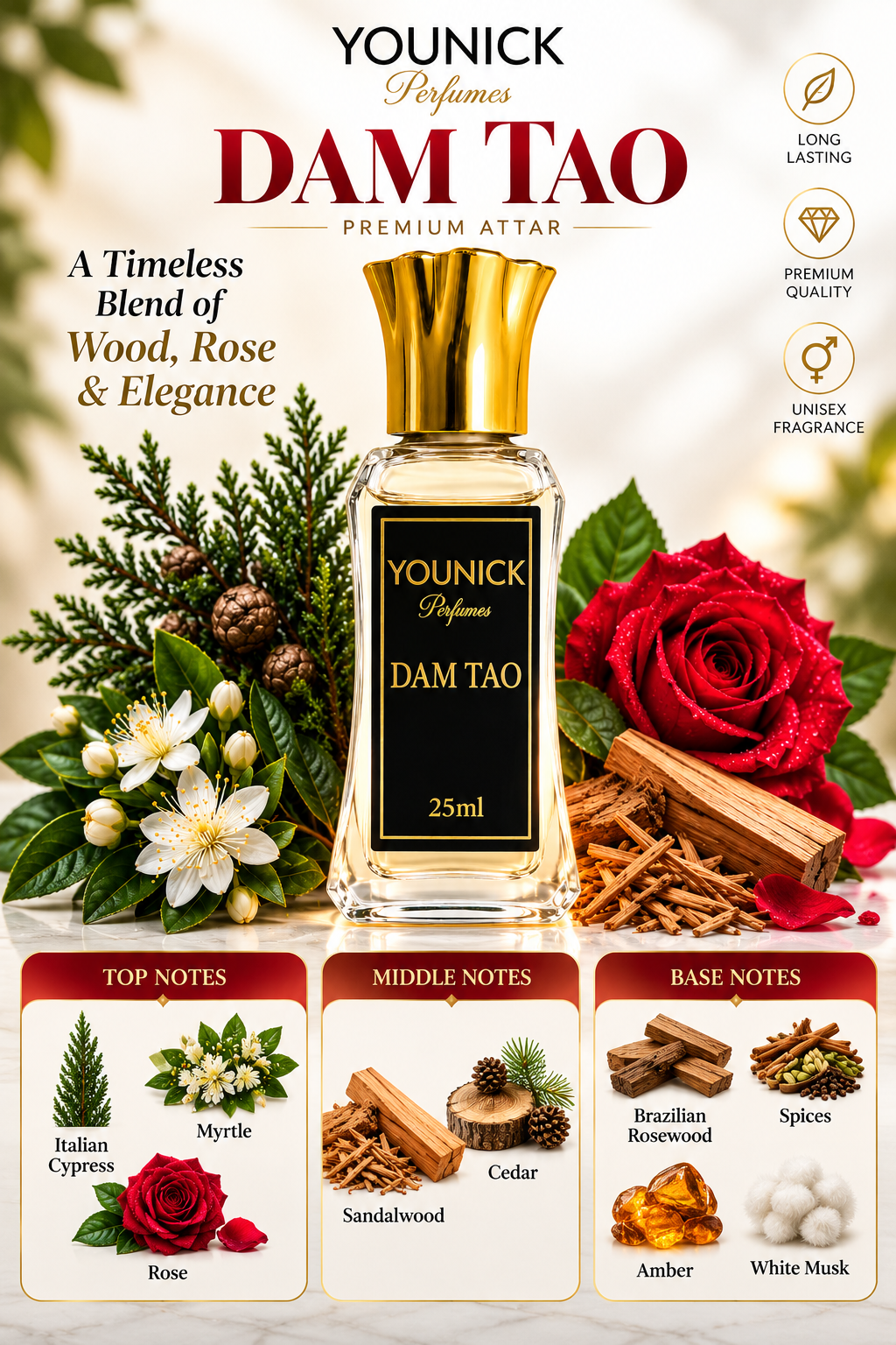 YOUNICK DAMTAO Attar – Premium Woody, Rose & Musky Fragrance | Attar for Men & Women | 6ml / 12ml / 25ml