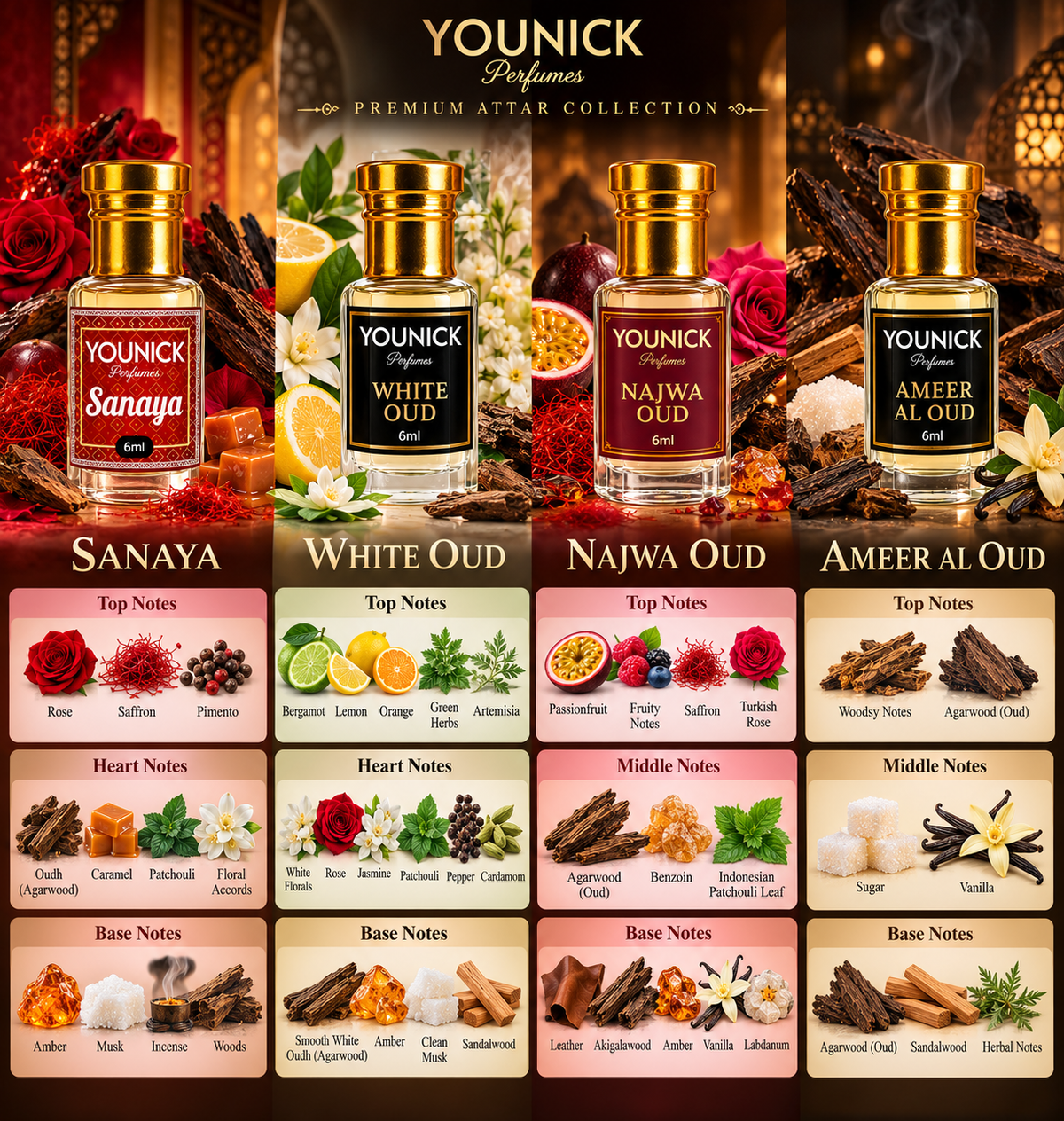 YOUNICK Arabic Attar Combo Pack of 4 | Sanaya, White Oud, Najwa Oud & Ameer Al Oud | 6ml Each | Premium Oud Fragrance Collection