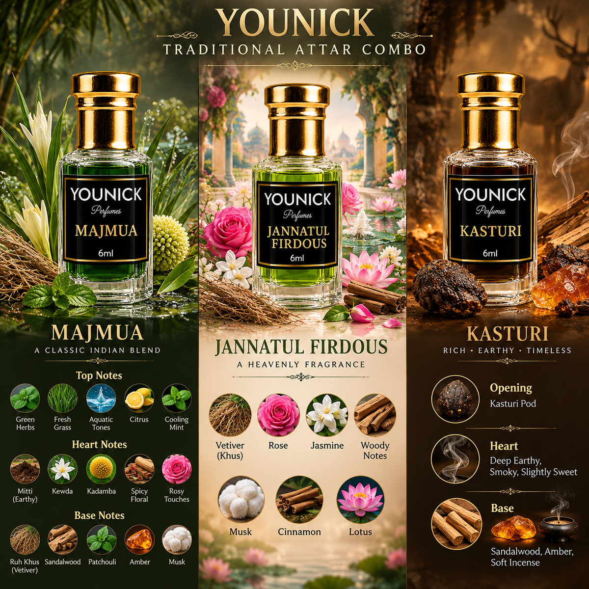 YOUNICK Traditional Attar Combo of 3 – Majmua, Jannatul Firdous & Kasturi | 6ml Each | 18ml Total | Premium Indian Attar Collection